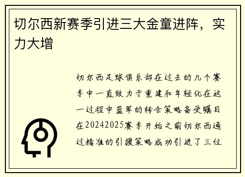 切尔西新赛季引进三大金童进阵，实力大增