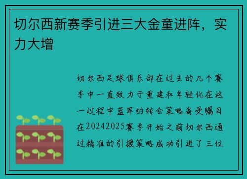 切尔西新赛季引进三大金童进阵，实力大增
