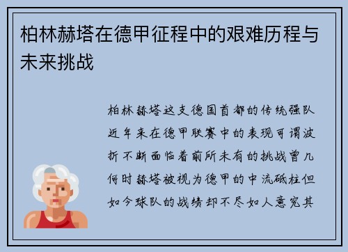柏林赫塔在德甲征程中的艰难历程与未来挑战